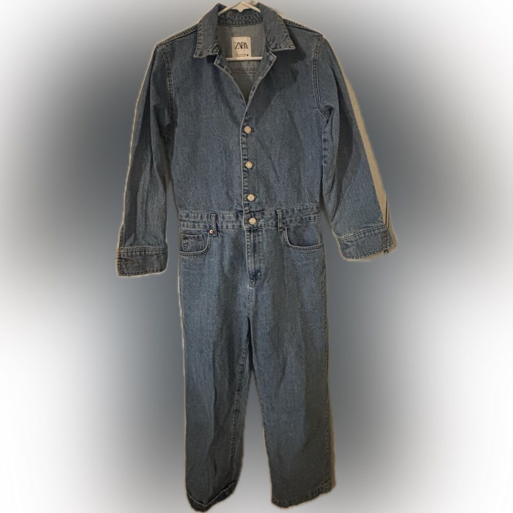 Zara Blue Straight Leg Denim Jumpsuit - Small